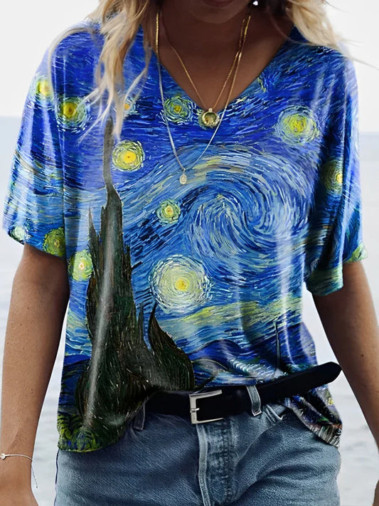 Van gogh sternenhimmel mit bedrucktem t-shirt mit v-ausschnitt