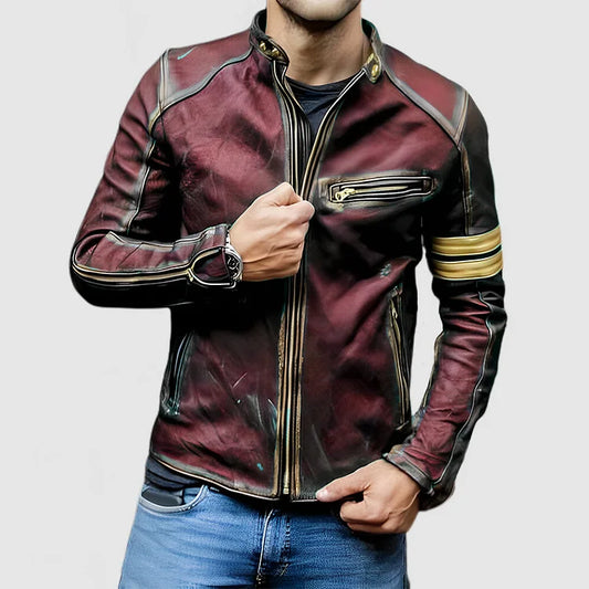 Herren Stehkragen Farbe Block Biker Zip Up Lederjacke