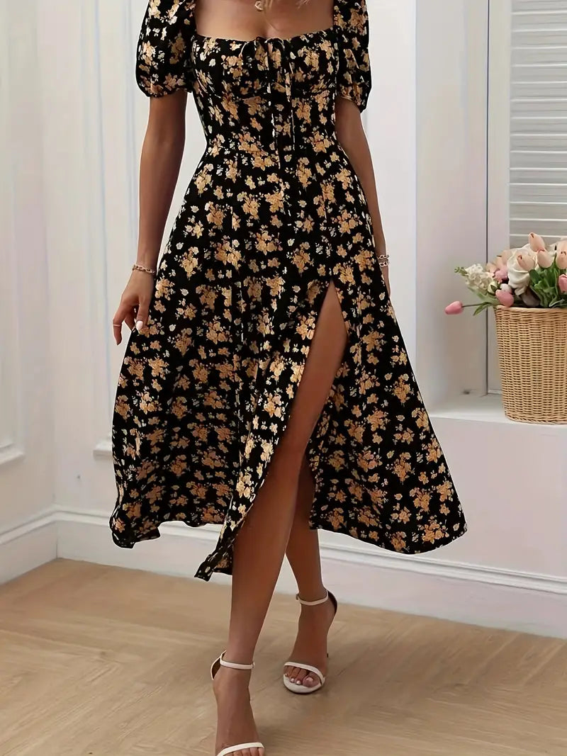 Ava – a-linien-kleid mit blumendruck und puffärmeln für frühling und sommer