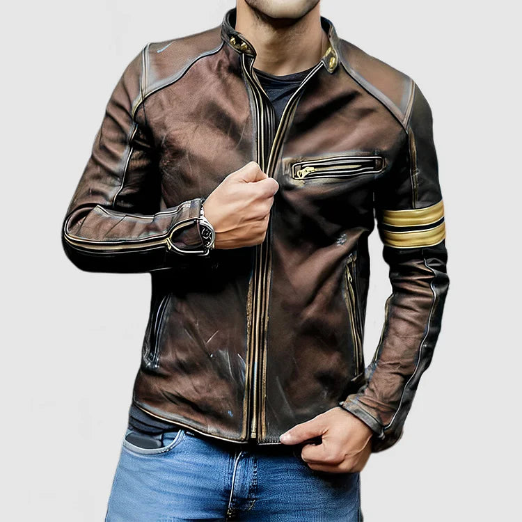 Herren Stehkragen Farbe Block Biker Zip Up Lederjacke