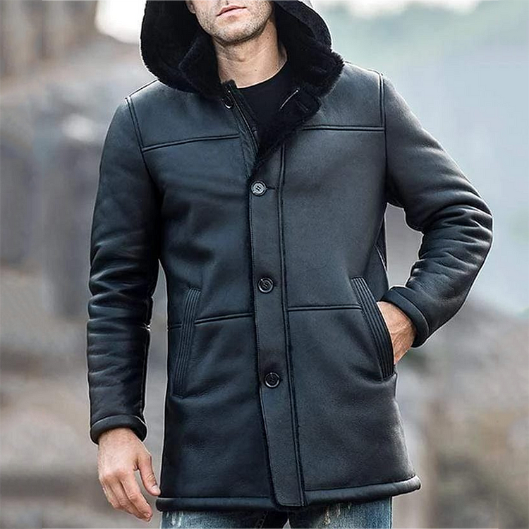 Herren Outdoor Casual Solid Plüsch Gefüttert Langarm Reißverschluss Taste Up Pu Leder Kapuzenmantel