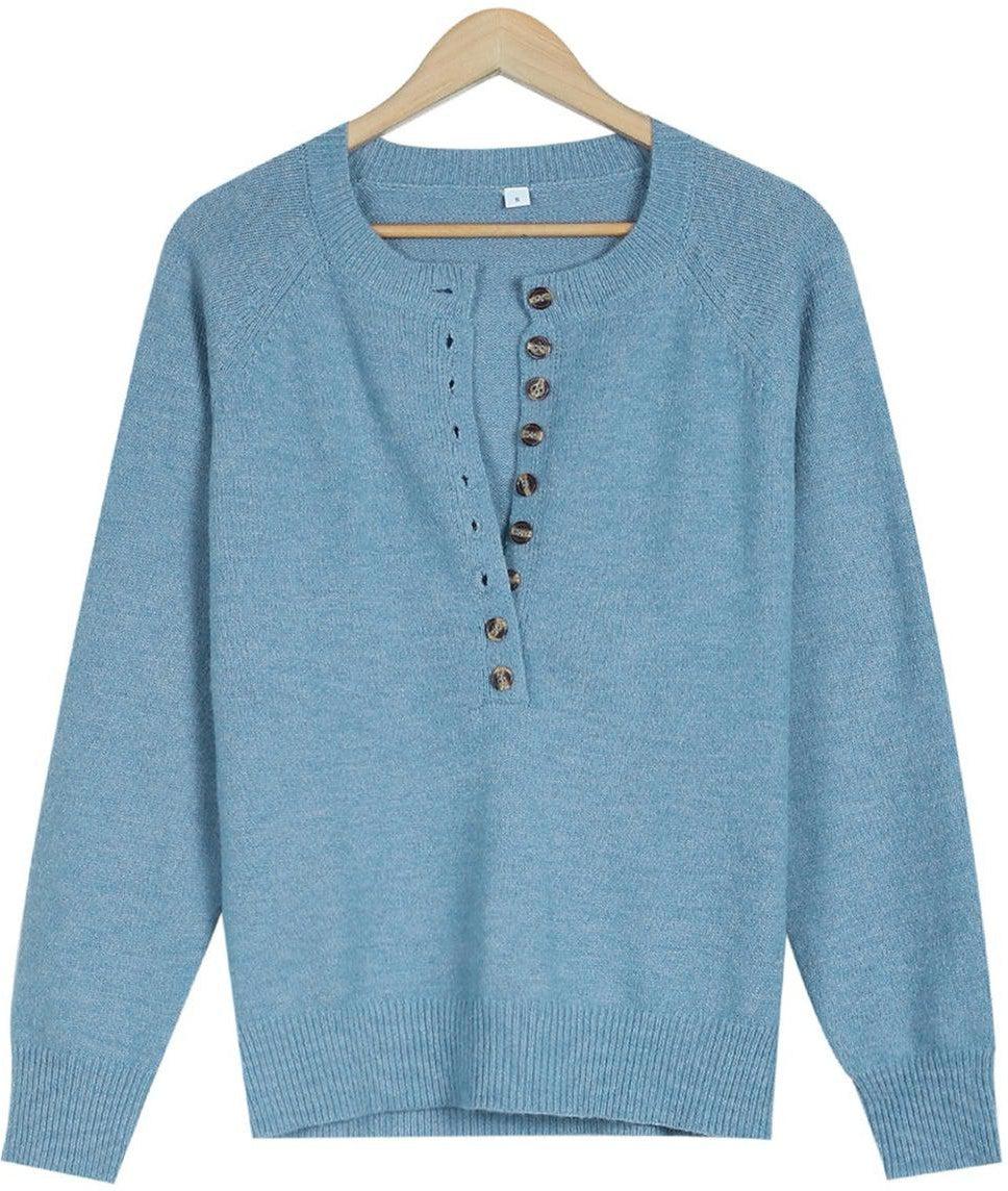 Himmelblauer Pullover Mit V-ausschnitt Und Knopfleiste