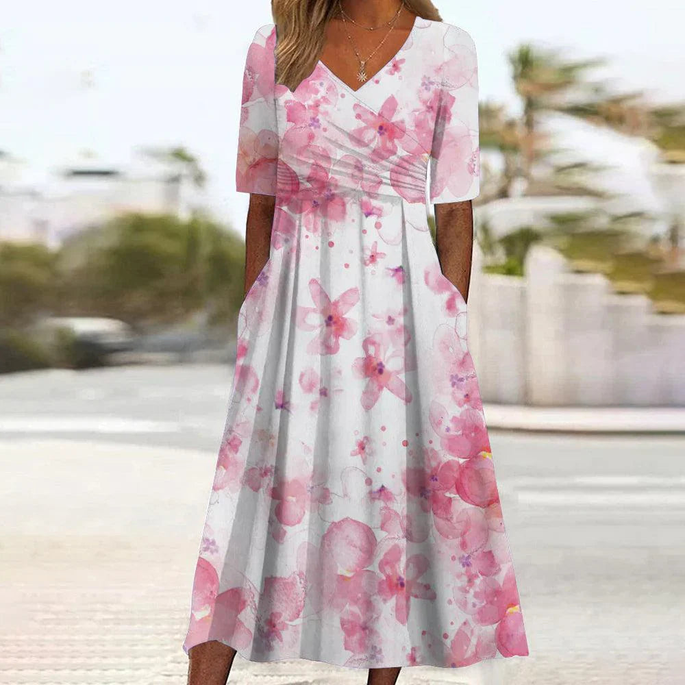 Lily – süßes rosa geblümtes midikleid mit seitentaschen