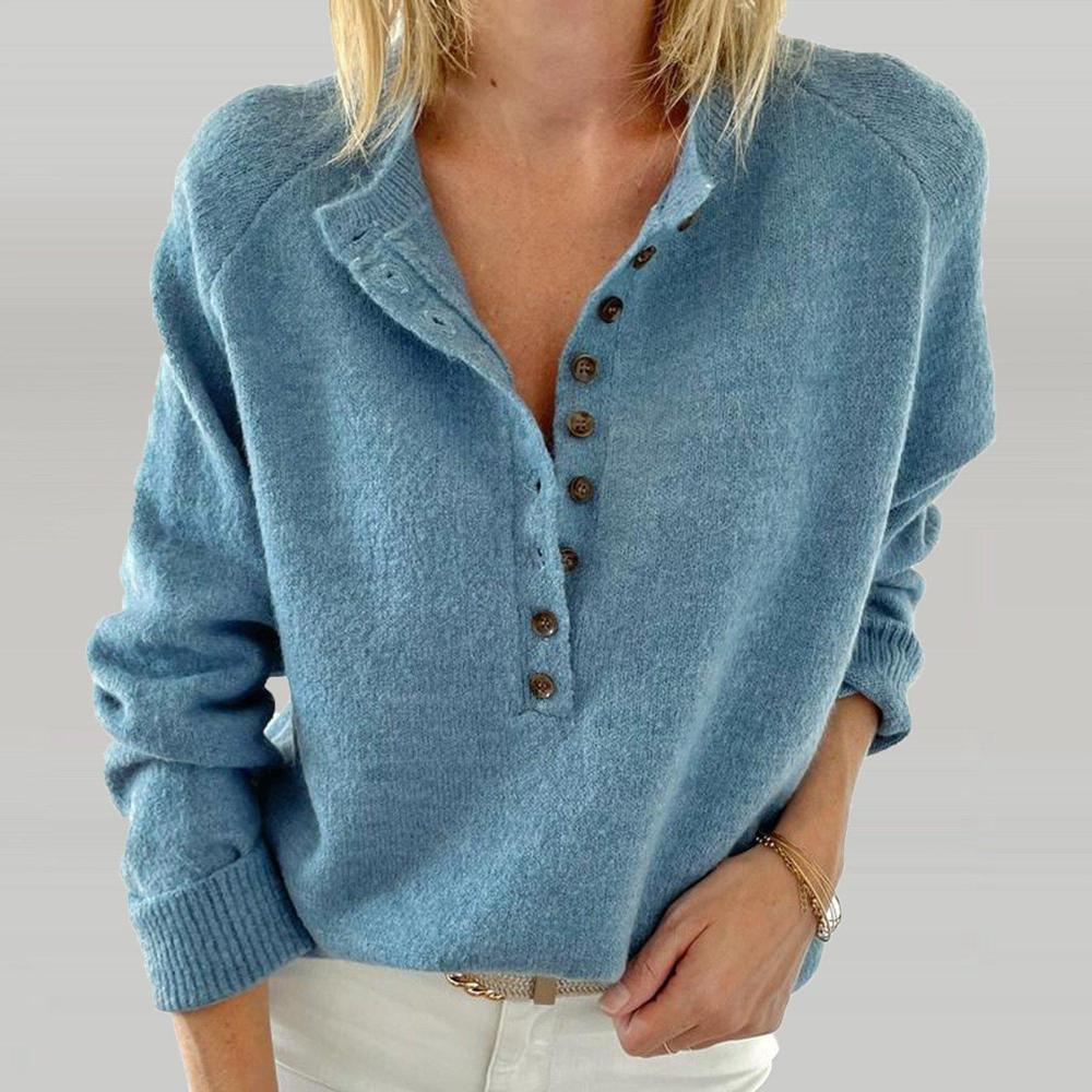 Himmelblauer Pullover Mit V-ausschnitt Und Knopfleiste