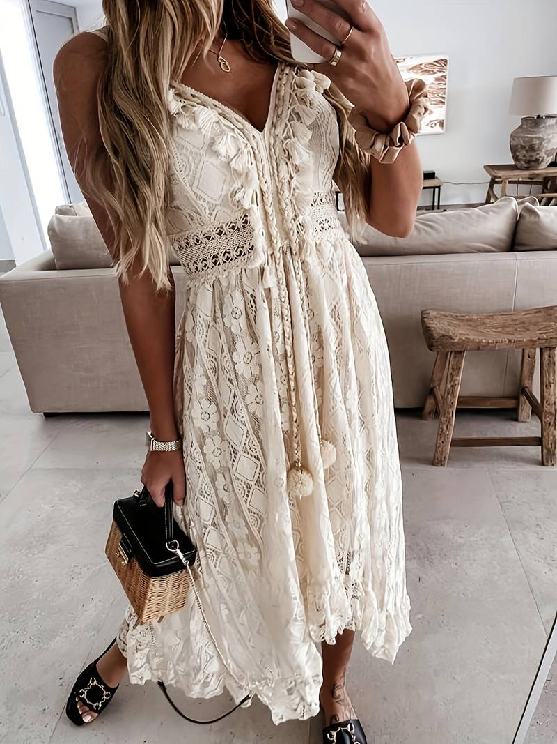 Emma – boho-maxi-sommerkleid mit spaghettiträgern und v-ausschnitt