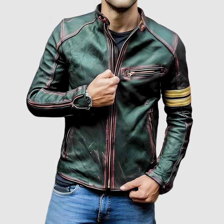 Herren Stehkragen Farbe Block Biker Zip Up Lederjacke