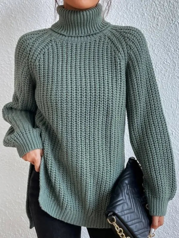 Baumwoll-rollkragenpullover Mit Raglanärmel Und Geteiltem Saum