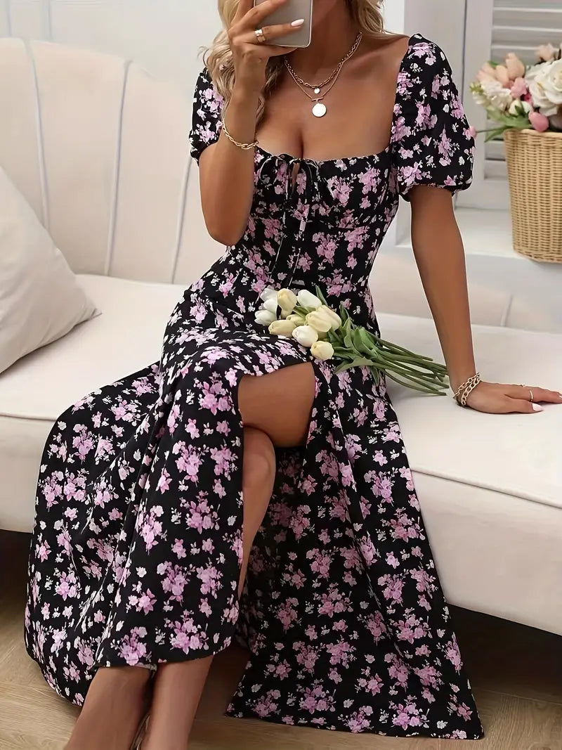 Ava – a-linien-kleid mit blumendruck und puffärmeln für frühling und sommer