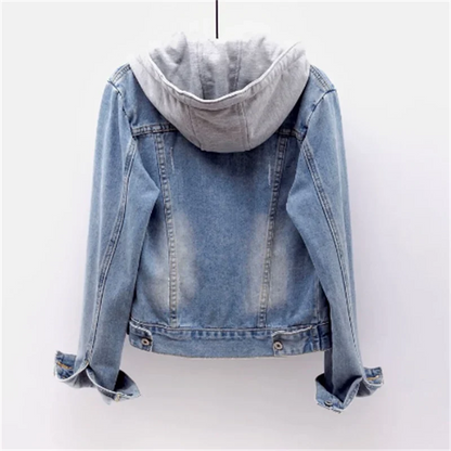 Denim damen jacke mit abnehmbarer kapuze