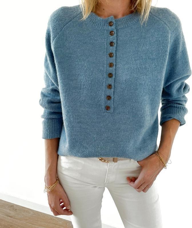 Himmelblauer Pullover Mit V-ausschnitt Und Knopfleiste