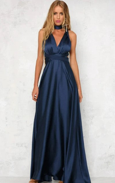 Evelyn – ärmelloses satin-maxikleid mit v-ausschnitt und schmaler taille