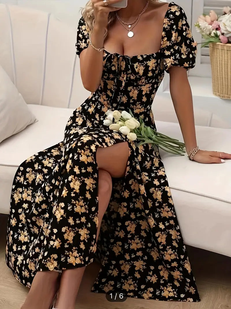 Ava – a-linien-kleid mit blumendruck und puffärmeln für frühling und sommer