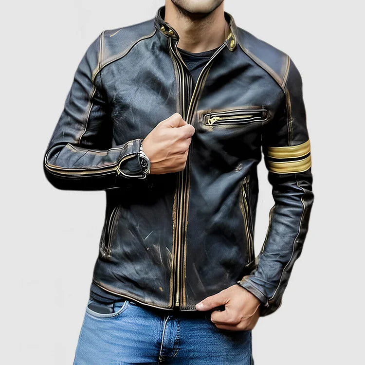 Herren Stehkragen Farbe Block Biker Zip Up Lederjacke