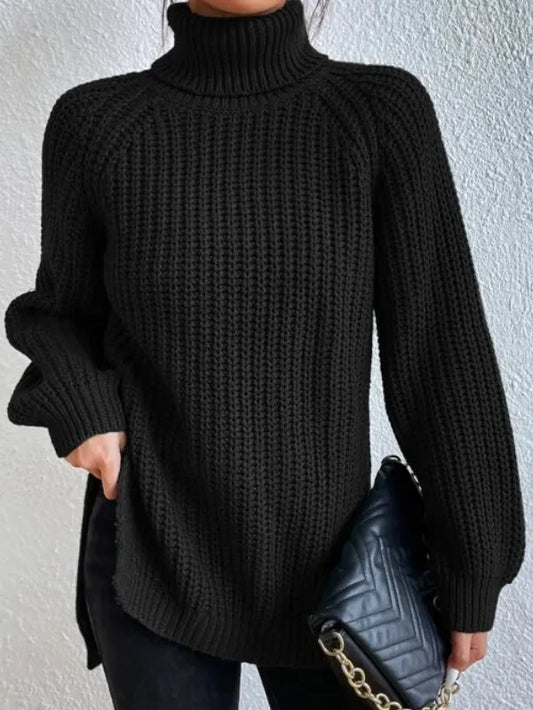 Baumwoll-rollkragenpullover Mit Raglanärmel Und Geteiltem Saum