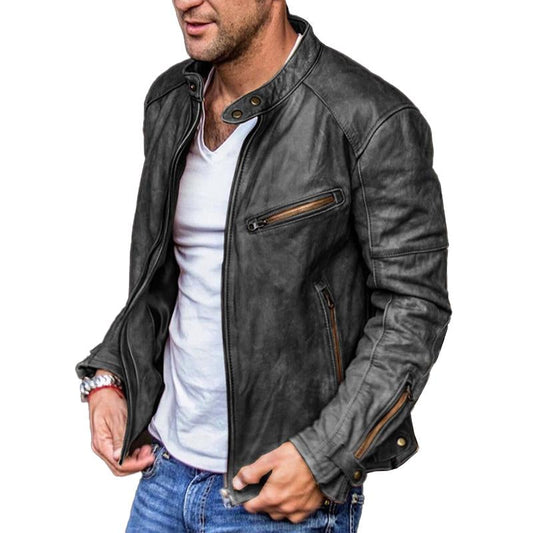 Herren Vintage Stehkragen Punk Reissverschluss Leder Biker Jacke