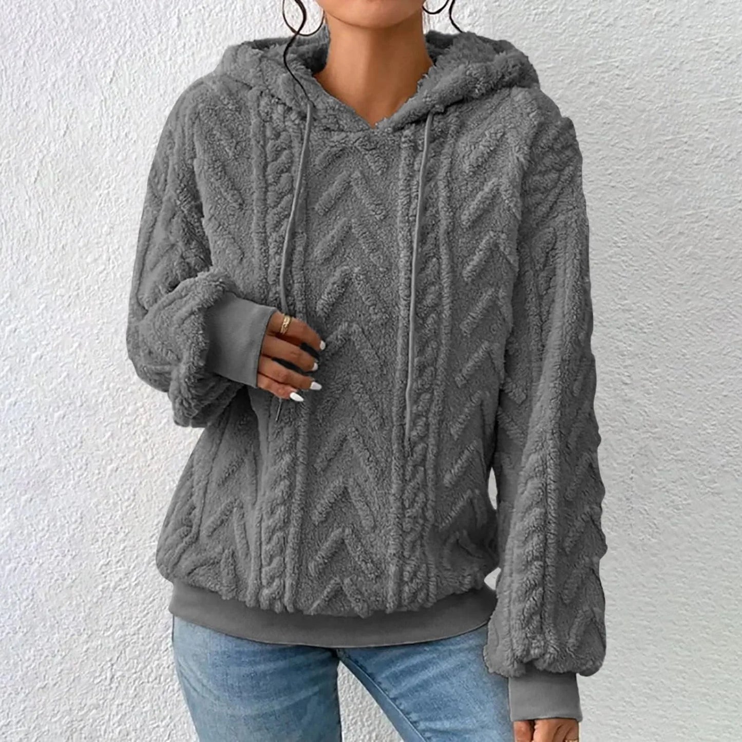 Einfarbiger Plüsch-jacquard-kapuzenpullover Mit Verdickung